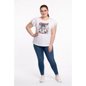 Fashion‎ Of New York Queen Graphic Tee White Mesh Ruffle Sleeve Rhinestone Top